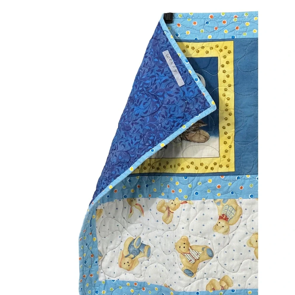 Handmade Baby Quilt Animal Patchwork Teddy Bear Kitten Sheep Blue Nursery 46x56